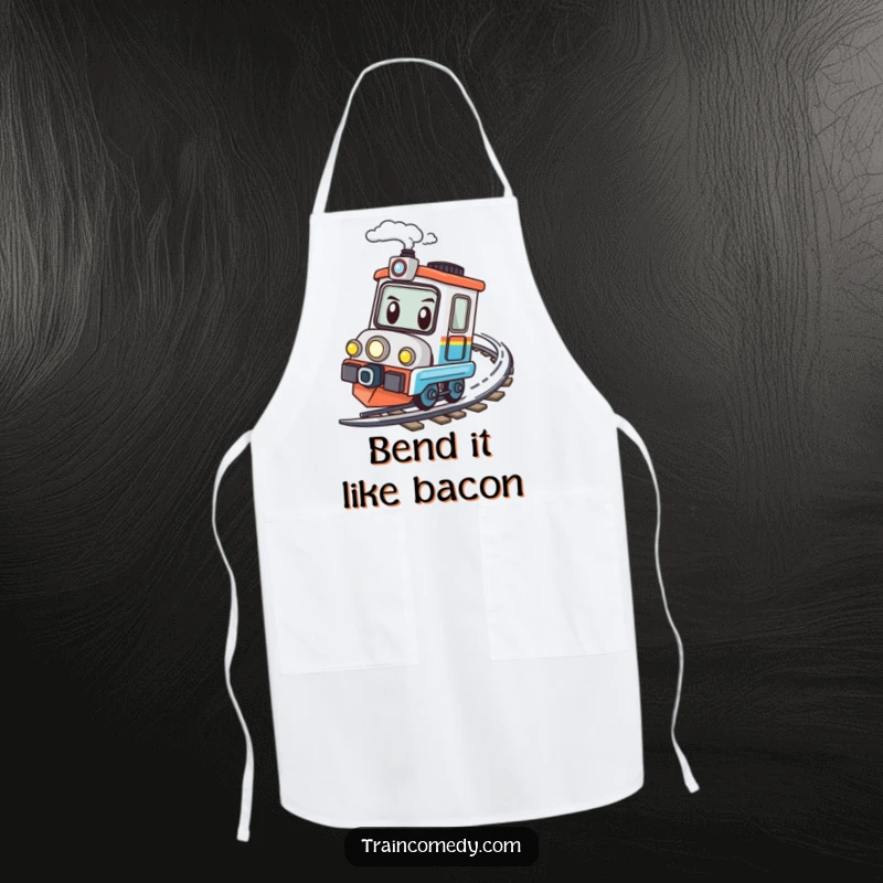 Funny kawaii train character determinedly speeding around a bend on a functional and speedy kitchen apron.