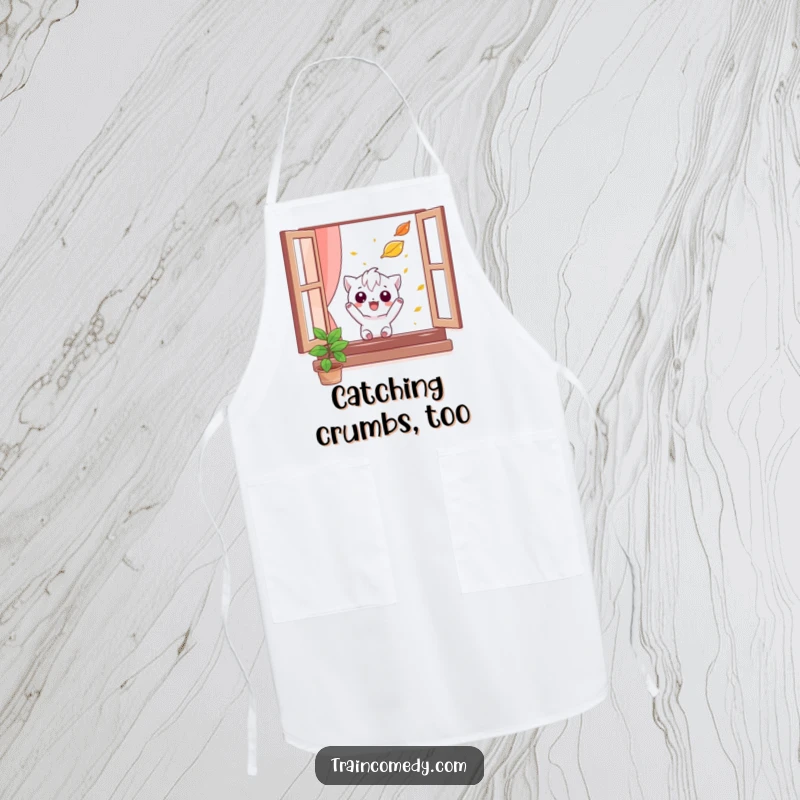 Funny apron showing a mischievous character comically trying to catch a falling leaf from a window, symbolizing culinary autumn fun.