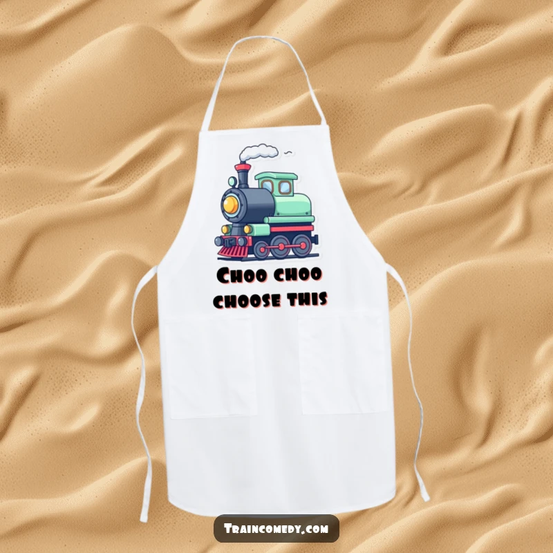 Funny cute train character in an apron, tooting its whistle with steam, a cheerful and humorous kitchen essential.