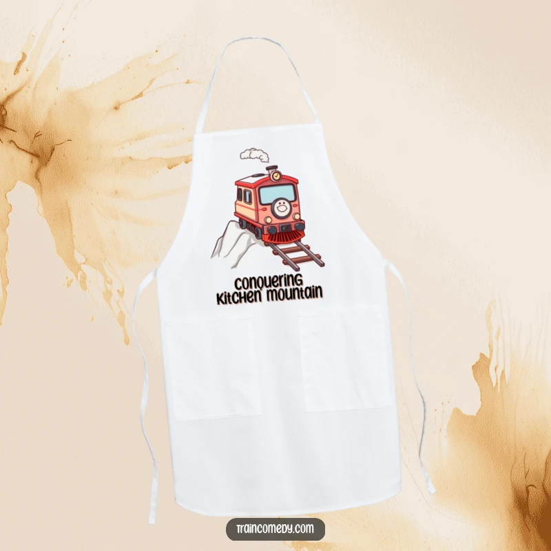 Determined train character chugging up a steep incline, depicted on a motivational apron.