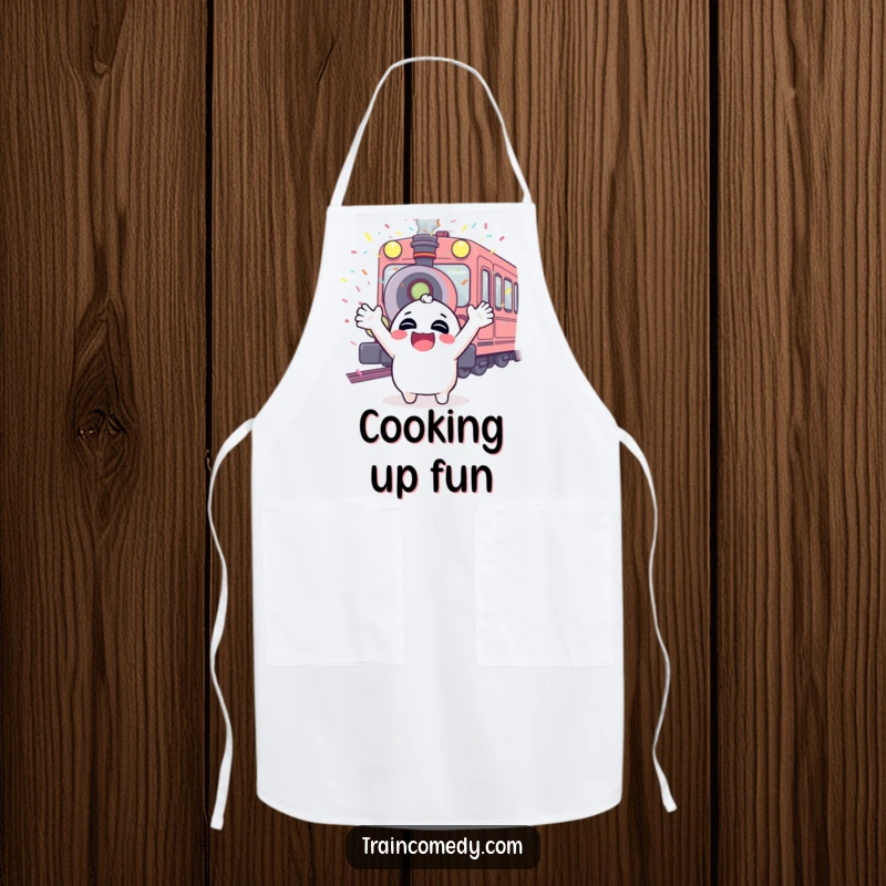 Funny cooking apron with a giggling character, arms up, confetti falling from a train whistle, a joyful culinary celebration.