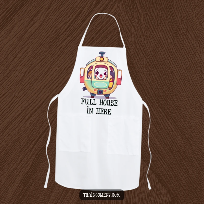 Funny apron depicting a surprised, round train car with open doors revealing colorful passengers, adding humor to kitchen duties.