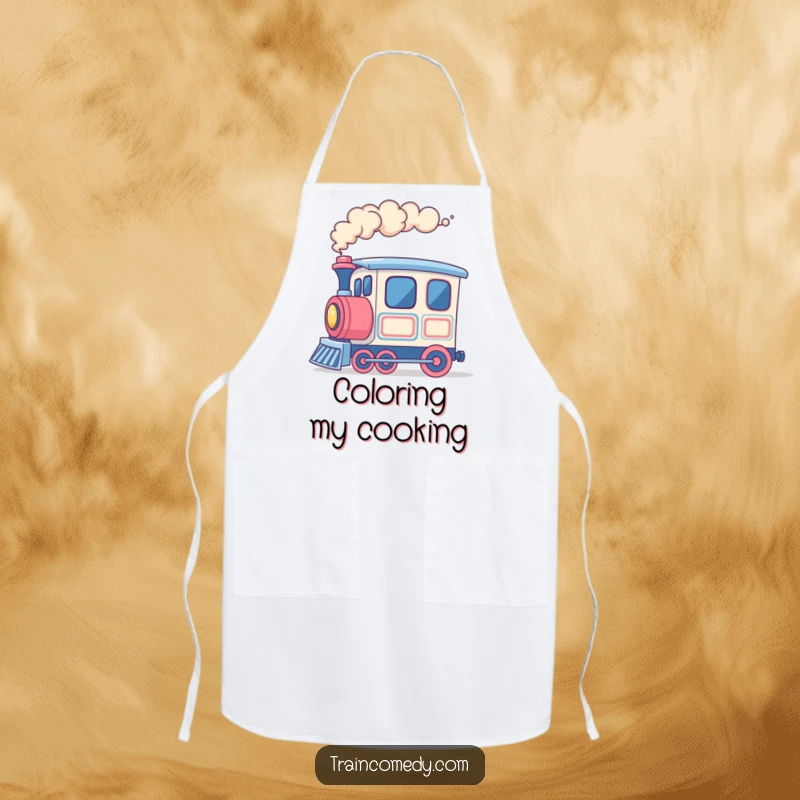 Funny train apron, cheerful train car creating colorful smoke rings, adding a fun and vibrant touch to cooking.