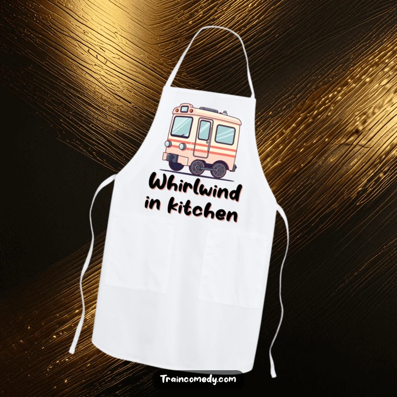 Funny kitchen apron depicting a dizzy train car with spinning wheels. Humorous and practical for kitchen activities.