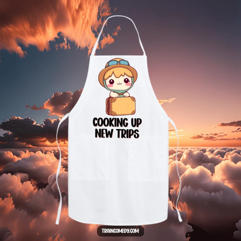 Funny Kawaii apron showing a happy character with a packed suitcase, ready for kitchen adventures and culinary exploration.