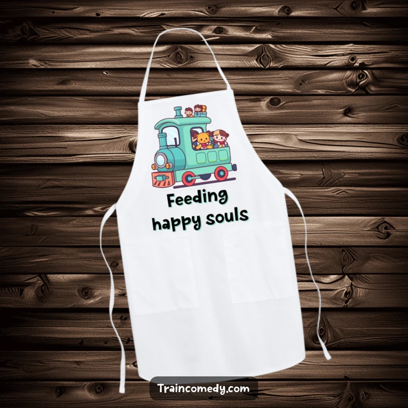 Funny Kawaii Train Apron: A cute kawaii train carries happy passengers, a humorous kitchen accessory.