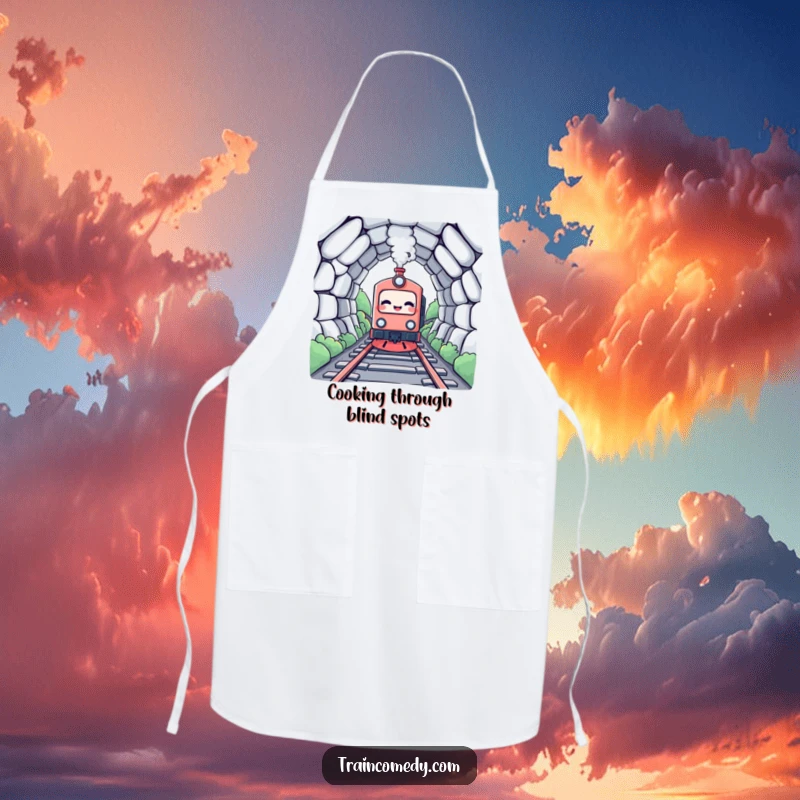 Funny Kawaii Train Apron: A giggling kawaii train character enters a tunnel, a humorous kitchen accessory.