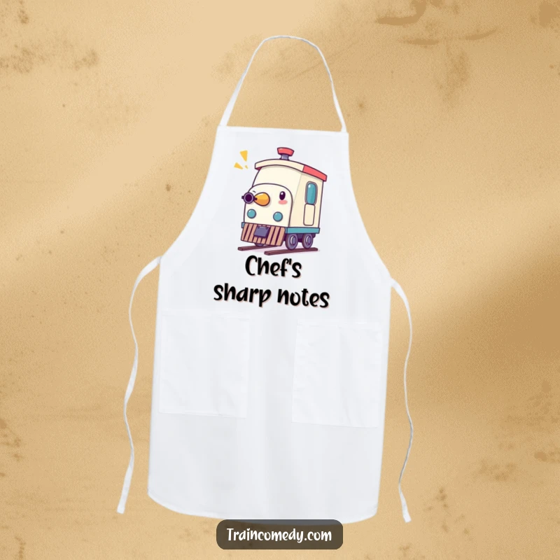 Funny apron featuring a whimsical pencil character comically playing the role of a train whistle, bringing creative humor to cooking.