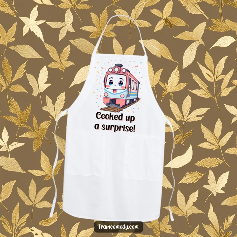 Funny train apron depicting a surprised locomotive covered in confetti, a humorous and practical kitchen accessory for chefs.