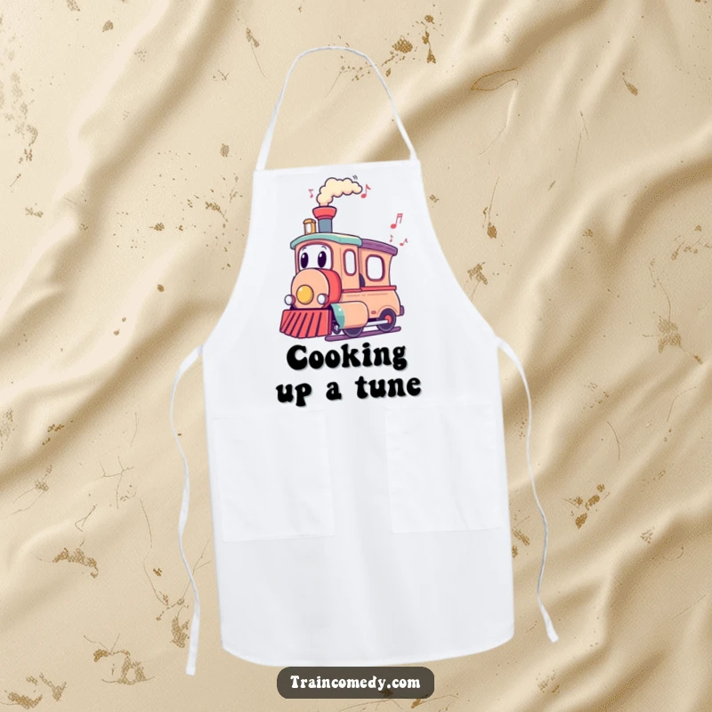 Funny Train Apron: A train character with musical notes flowing from its chimney protects your clothes with funny, musical style.