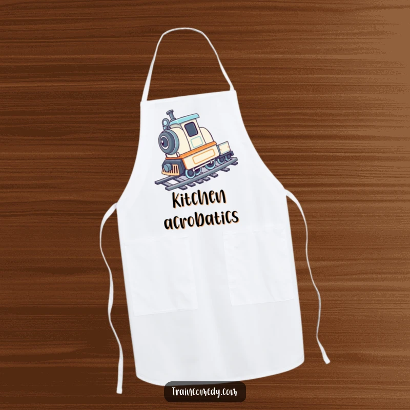 Playful train character doing a cartwheel on train tracks, depicted on a fun apron.