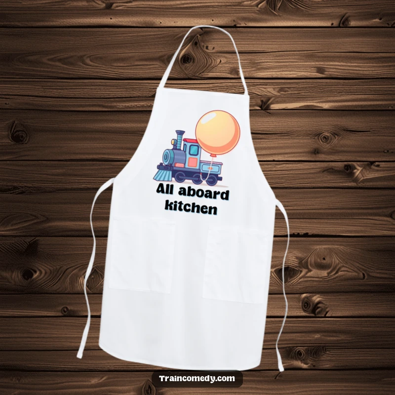 Funny cooking apron with a train engine with a large, bouncing balloon tied to its front, ready for the kitchen.