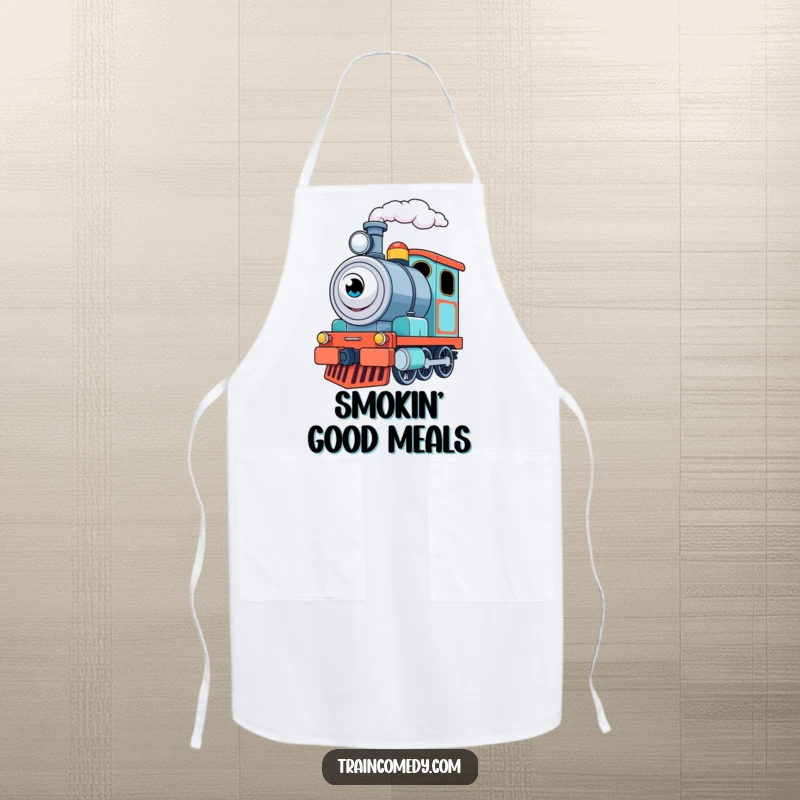 Funny Train Engine Apron: A determined train engine happily puffs steam, ready to add nostalgic humor to kitchen tasks.
