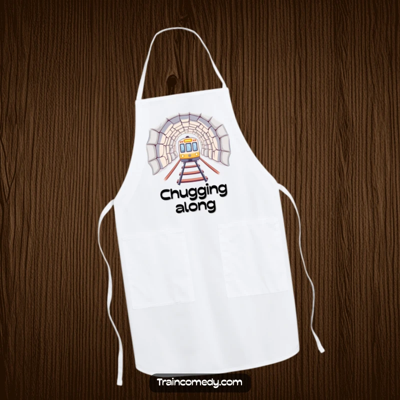 A train emerging from a tunnel, designed on a humorous and functional chef apron for culinary journeys. Great funny gift.