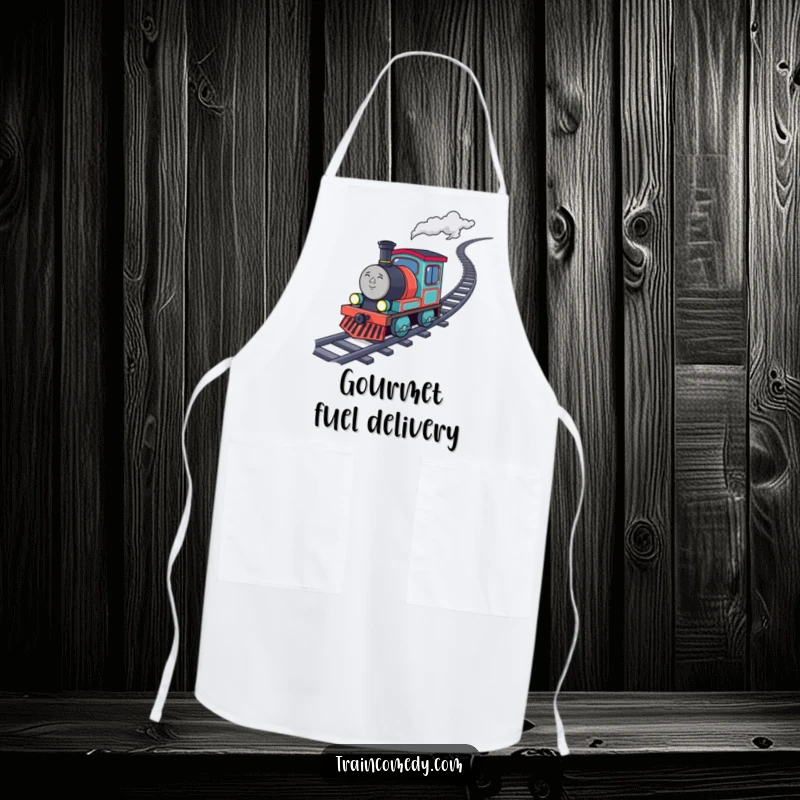 Funny determined train character in an apron, chugging uphill with sparkling coal, an inspiring and humorous kitchen essential.