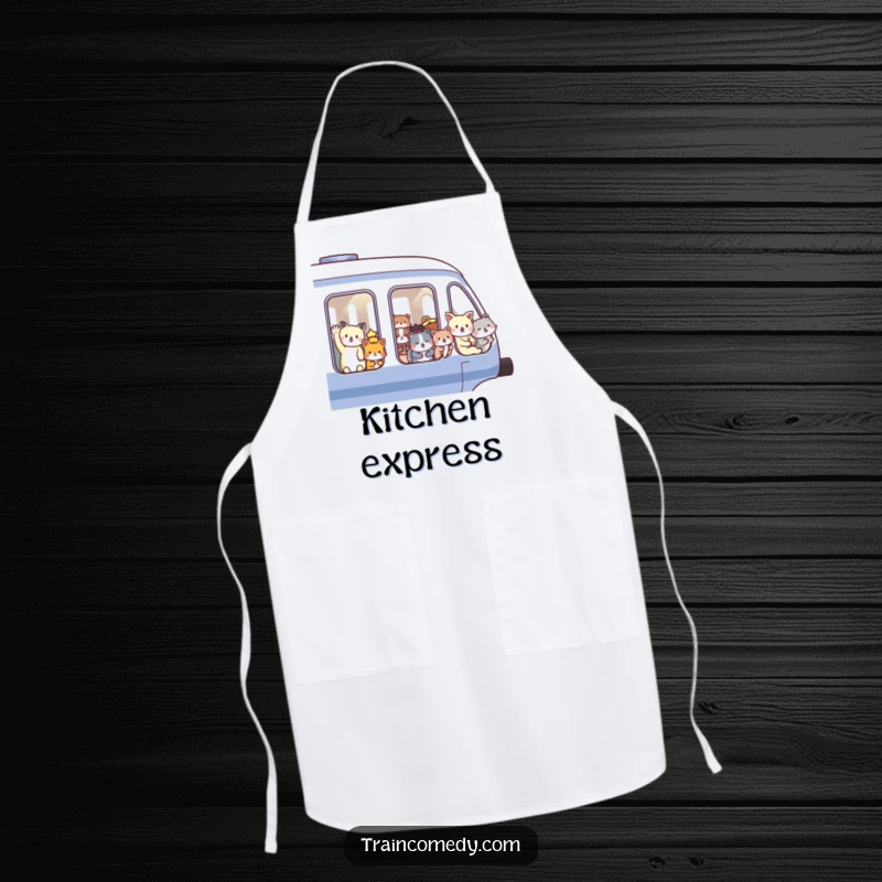 Funny apron depicting happy animals waving from a speeding train, perfect for kitchen protection and adding humor to cooking. A delightful accessory for chefs.