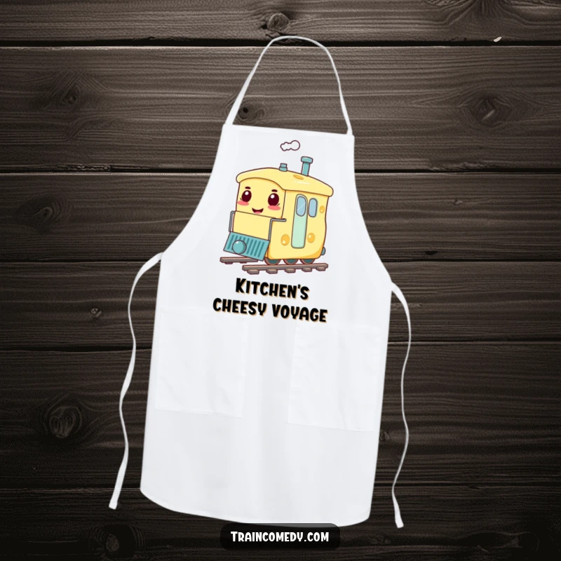 Funny apron featuring a train carriage shaped like a smiling cheese, bringing a delicious and humorous theme to the kitchen.