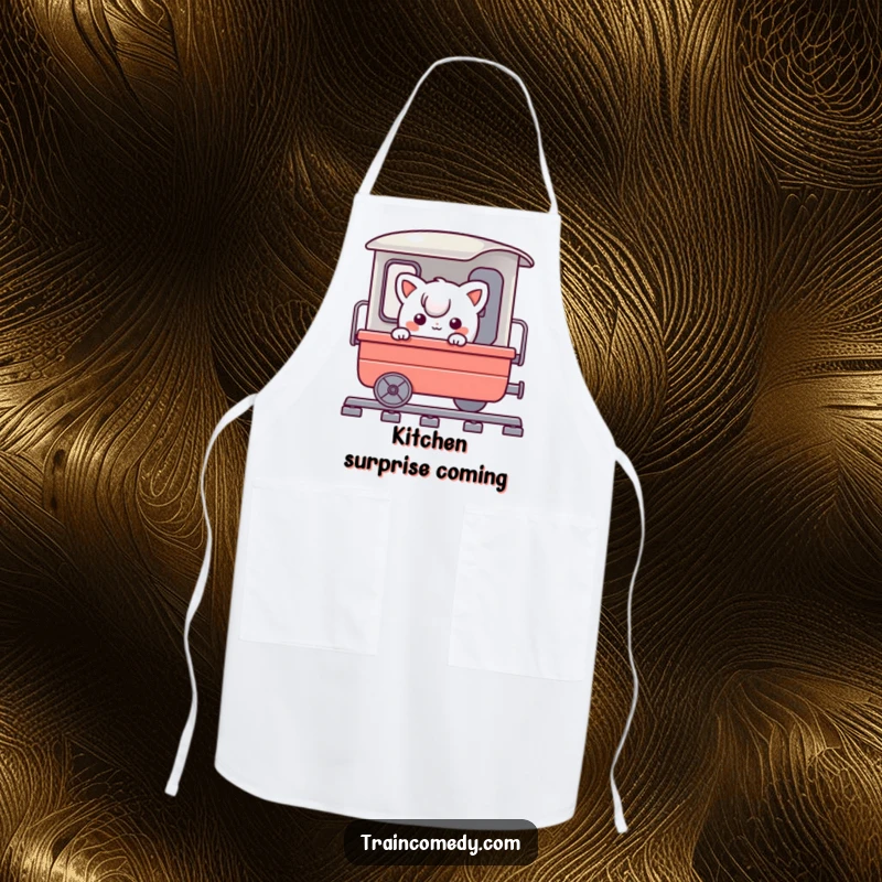 Funny apron showing a playful character comically peeking around a train cart, symbolizing culinary exploration and kitchen fun.