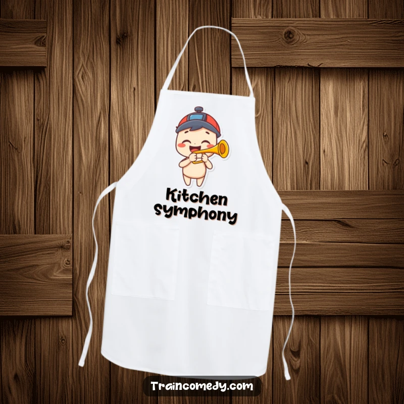 Funny apron with a happy character grinning and playing a trumpet designed to sound like a train horn, ready to cook.