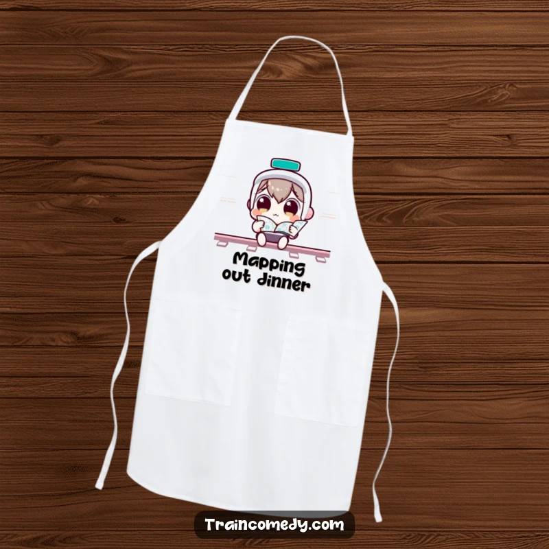 Funny Apron: Curious Kawaii character with wide eyes studying a train map, preparing for culinary adventures, a funny gift.