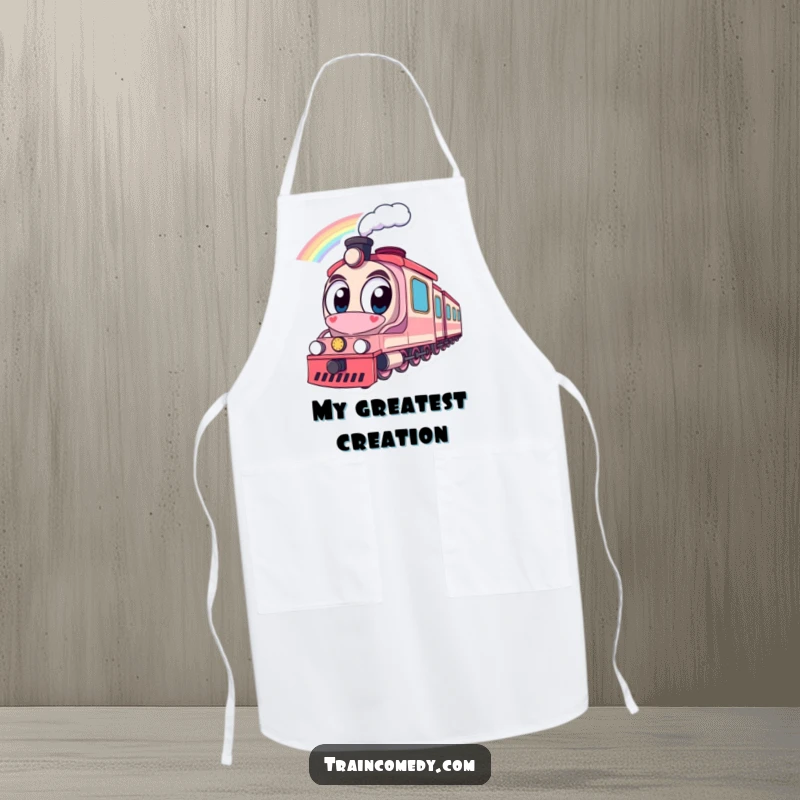 Funny apron featuring a train with big, happy eyes looking at a rainbow, perfect for chefs who love a touch of whimsy while cooking.