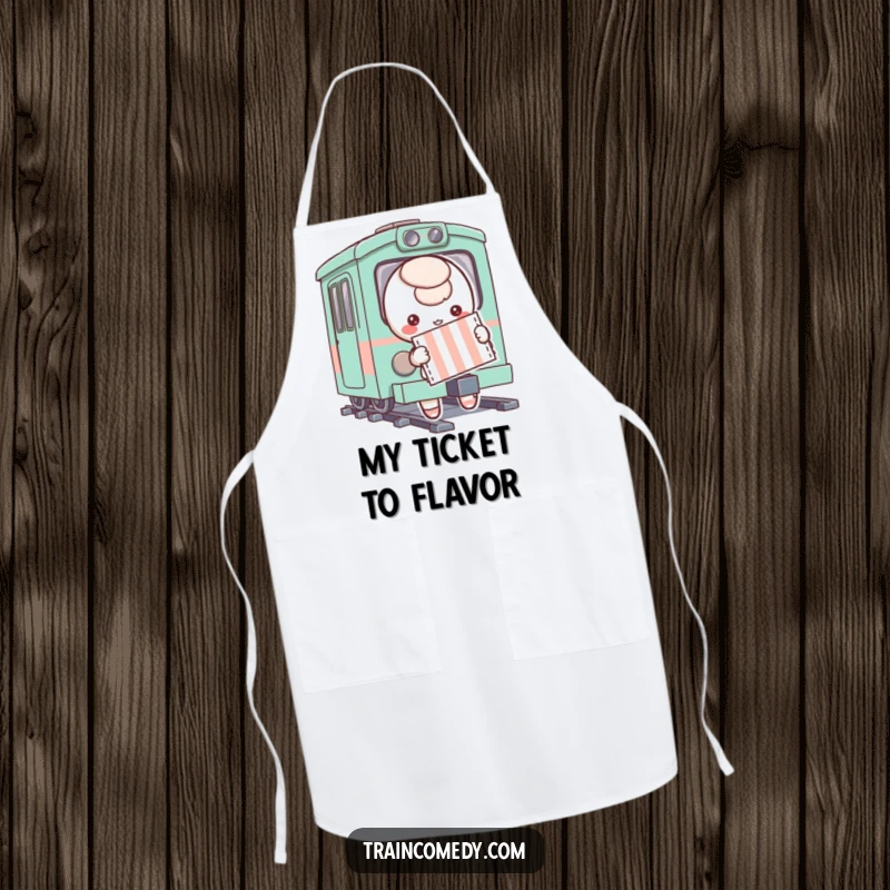 Funny apron with a playful character holding a striped ticket, ready to board a whimsical train, designed for fun kitchen endeavors.