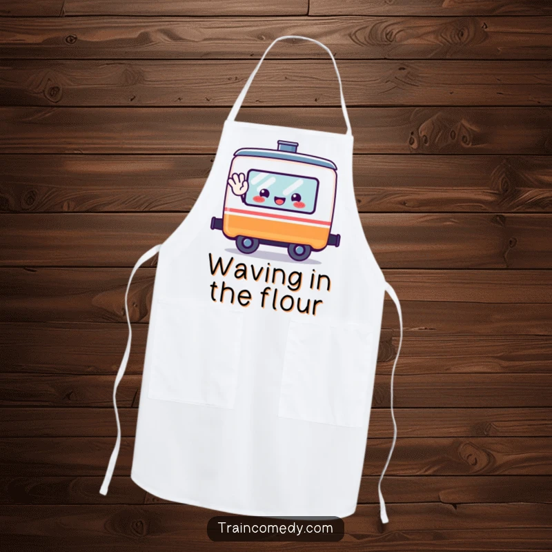 Funny kawaii train car character waving from its window on a functional and cheerful kitchen apron.