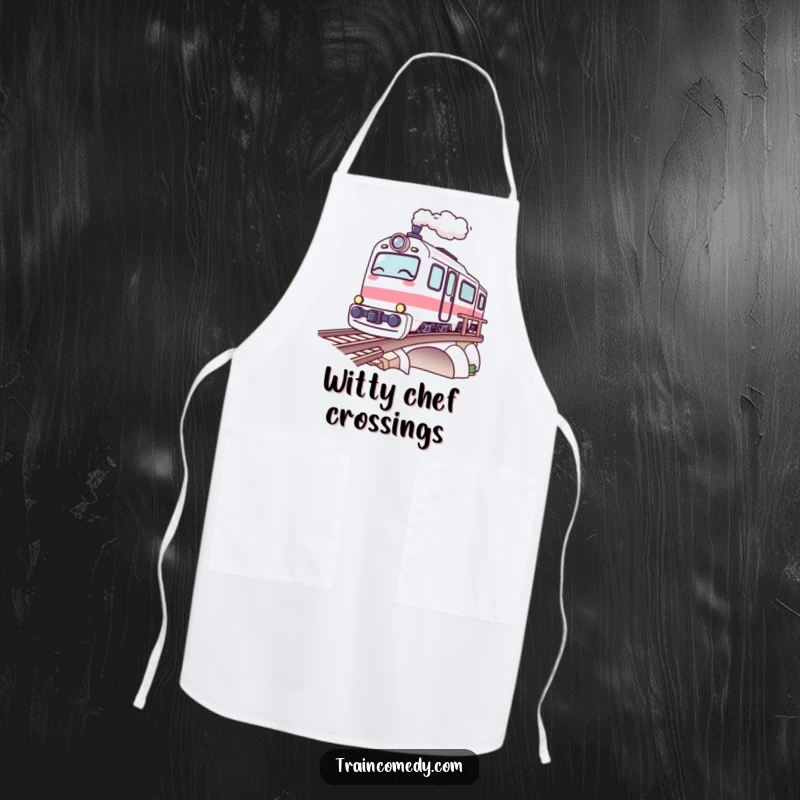 Funny Kawaii Train Apron: A kawaii train winks playfully as it crosses a bridge, a humorous kitchen accessory.