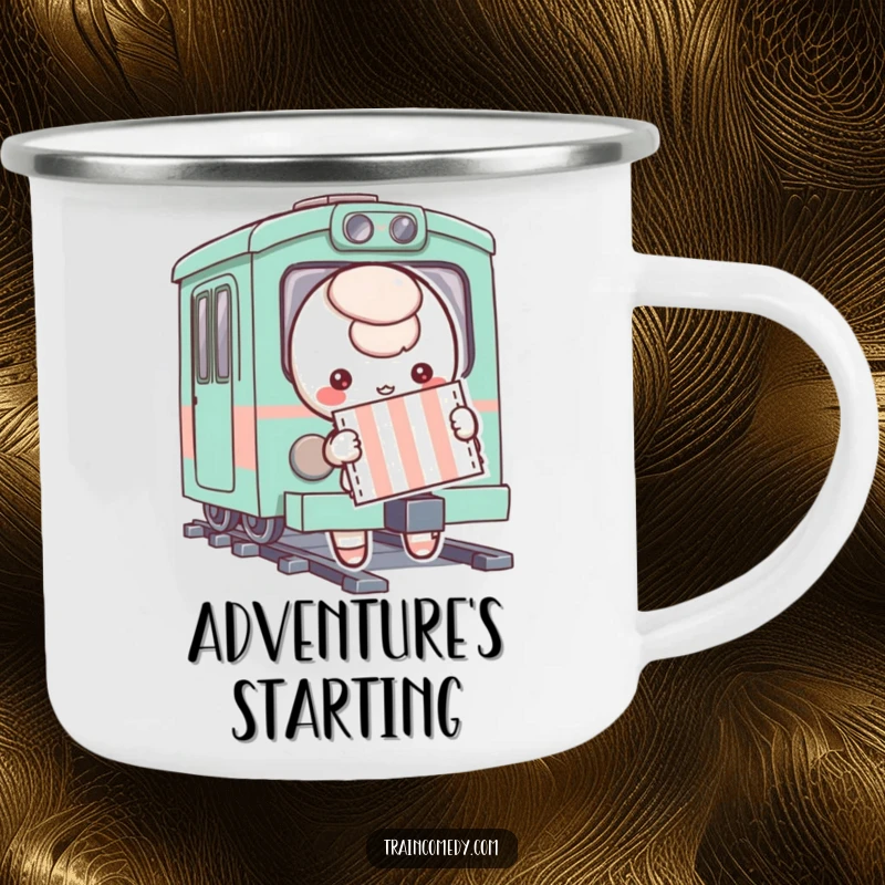 Funny, playful character holding a striped ticket, about to board a whimsical train, on a sturdy camping mug, perfect for adventure.