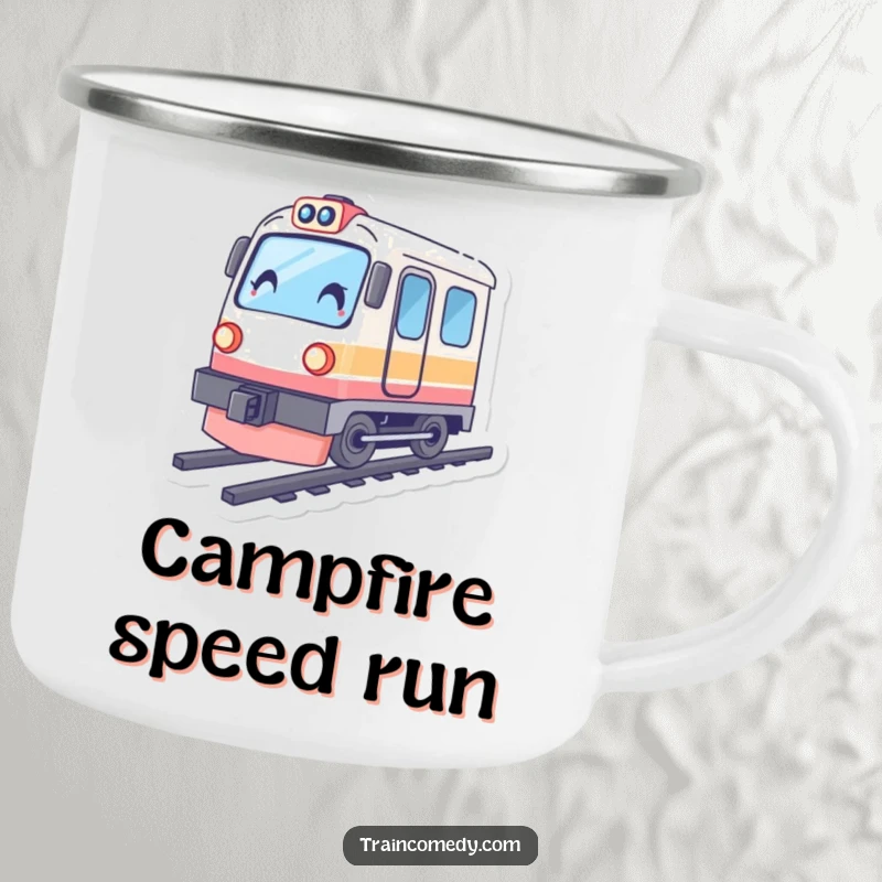 Funny train camping mug, character leaning dramatically, conveying speed and readiness for any outdoor challenge.