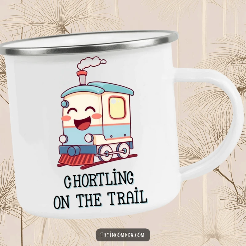 Funny enamel camping mug featuring a laughing train car with steam puffing, perfect for outdoor enthusiasts and humor lovers.