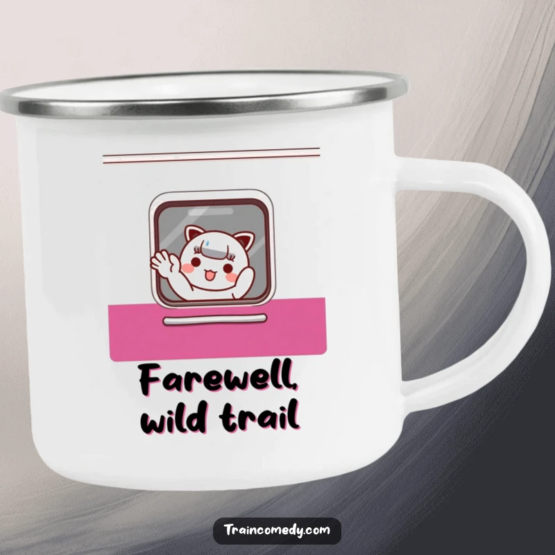 Funny Camping Mug: Cute Kawaii character waves from a train window, ready for adventure, a durable funny gift.