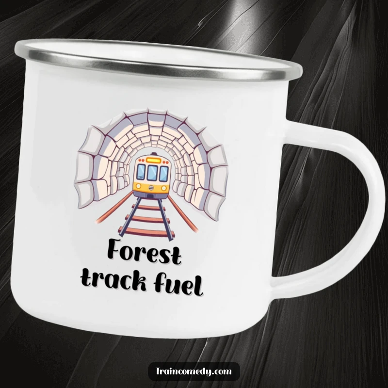 A train emerging from a tunnel on a camping mug, designed for humorous outdoor journeys. A great funny gift.
