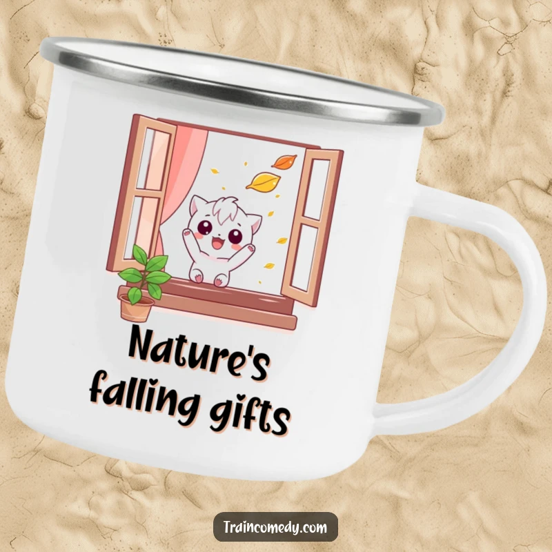 Funny camping mug featuring a mischievous character trying to catch a falling leaf from a window in a natural setting, perfect for autumn lovers.