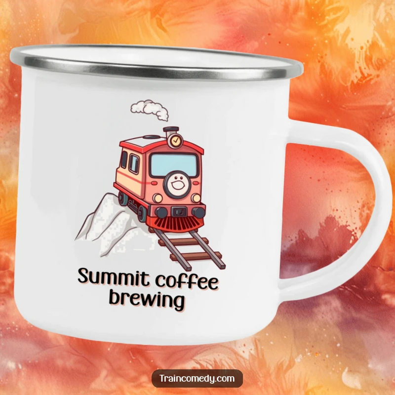 Determined train character chugging up a steep incline, designed for a sturdy and motivational camping mug.