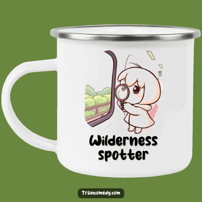 Funny Enamel Mug: Curious Train Explorer, Magnifying Views, Perfect Funny Gift