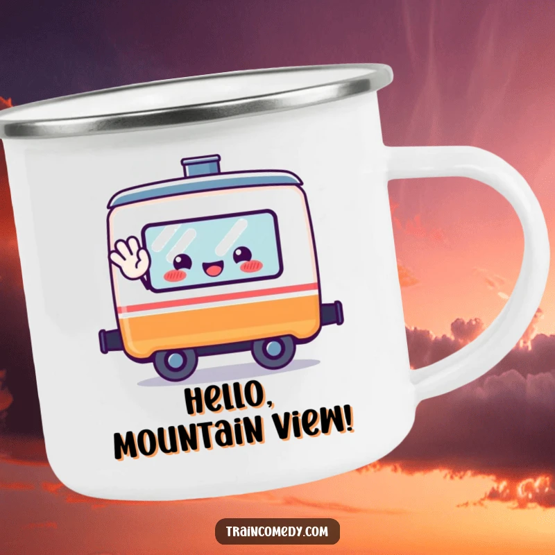 Funny kawaii train car character waving from its window on a durable camping mug.