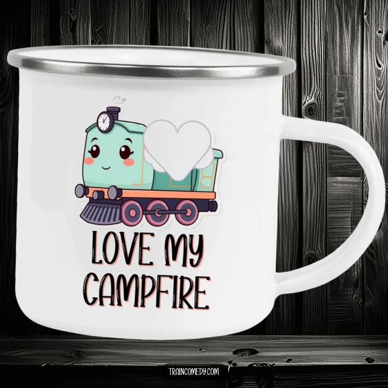 Cute train character puffing a heart cloud, designed for a sturdy and romantic camping mug.