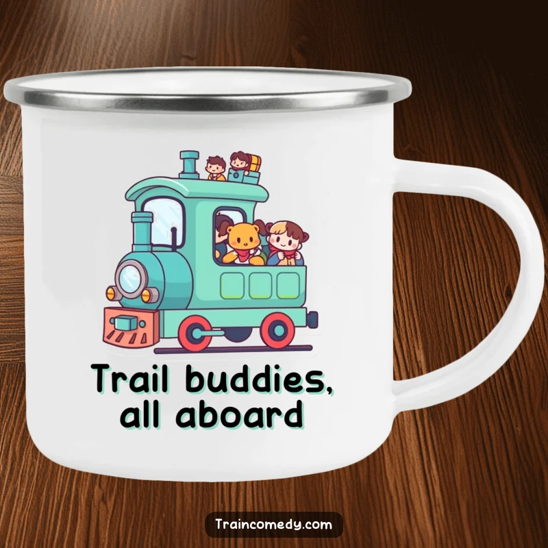 Funny Kawaii Train Camping Mug: A cute kawaii train carries happy passengers, perfect for outdoor humor.