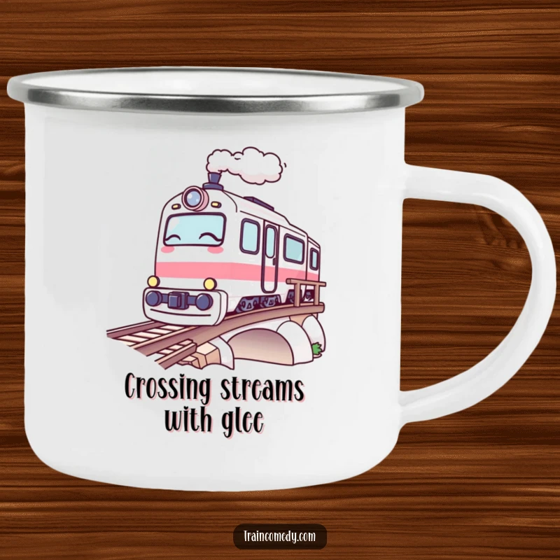 Funny Kawaii Train Camping Mug: A kawaii train winks playfully as it crosses a bridge, perfect for outdoor humor.