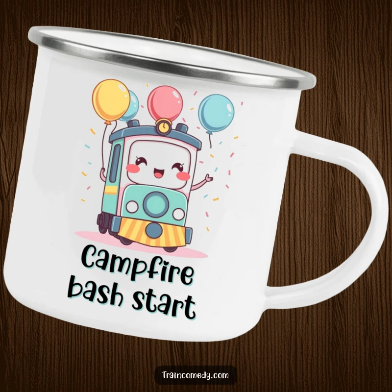Funny kawaii train character celebrating with confetti and balloons, ready for outdoor adventures on this sturdy camping mug.