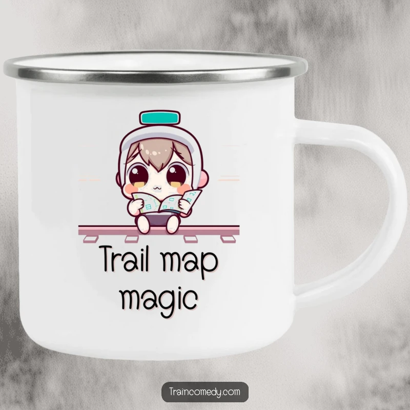 Funny Camping Mug: Wide-eyed Kawaii character studying a train map, ready for any adventure, a durable funny gift.