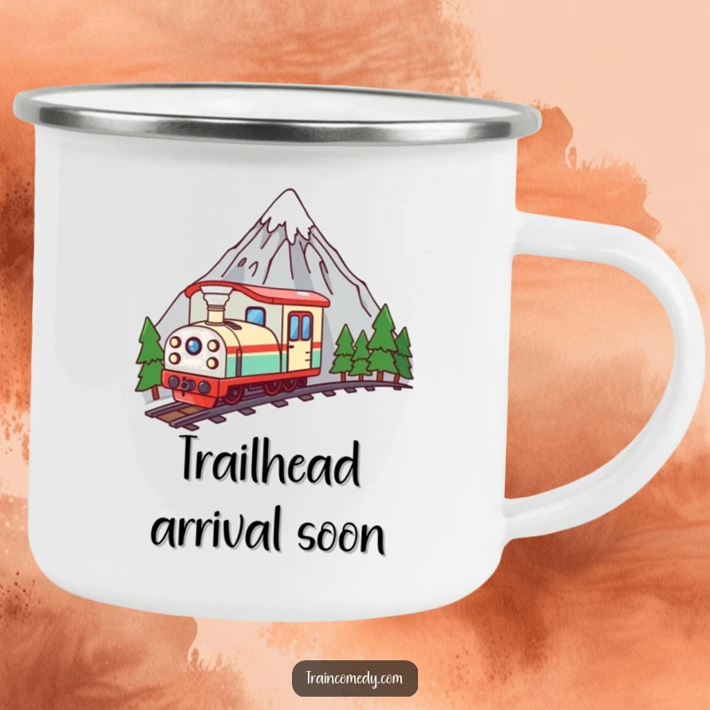 Funny kawaii train character peeking over a mountain, perfect for outdoor adventures on this sturdy camping mug.