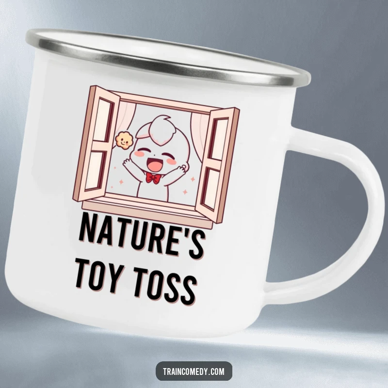 Funny enamel camping mug showing a giggling character playfully tossing a plush toy out of a window, great for outdoor fun.