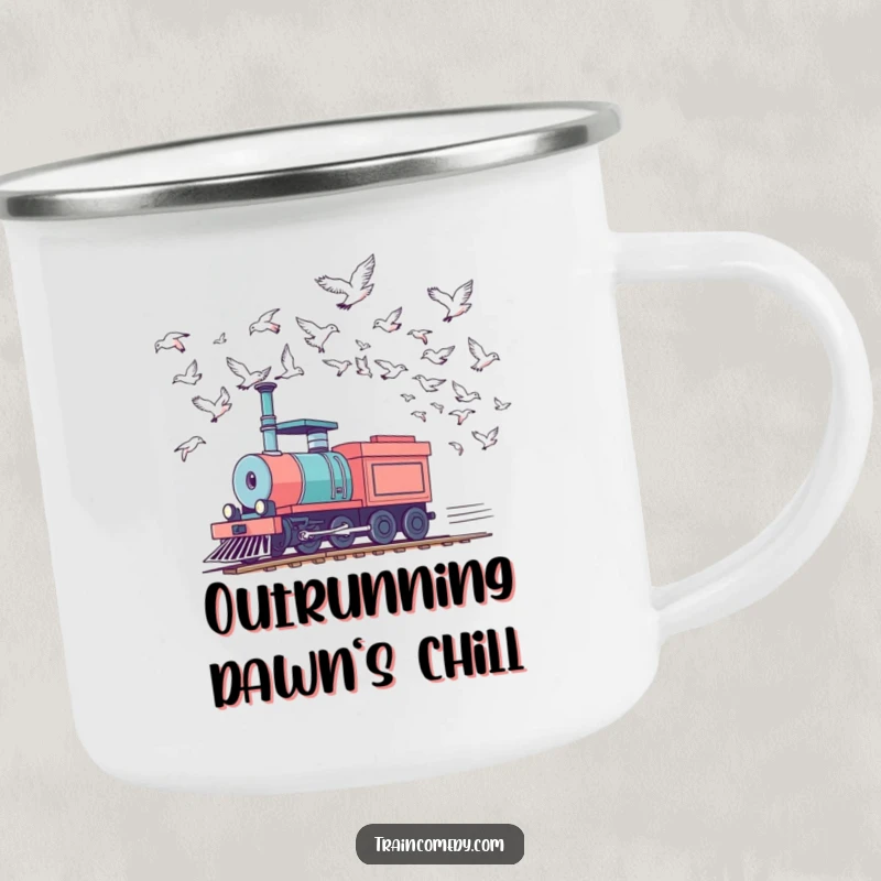 Funny train camping mug with a locomotive playfully racing birds in the sky, a durable and humorous companion for outdoor drinks.