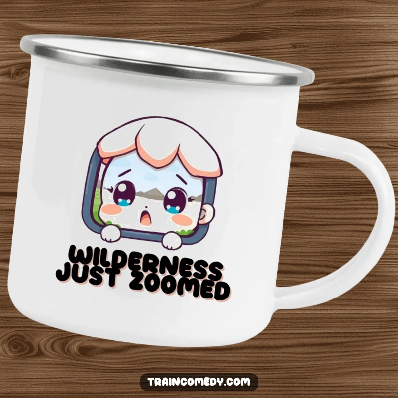Funny enamel camping mug showing a surprised character with wide eyes looking at a passing landscape, perfect for outdoor exploration.