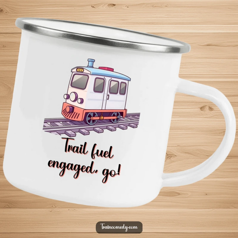 Funny camping mug depicting a train car with wheels spinning quickly along tracks, ideal for cheerful outdoor drinks.