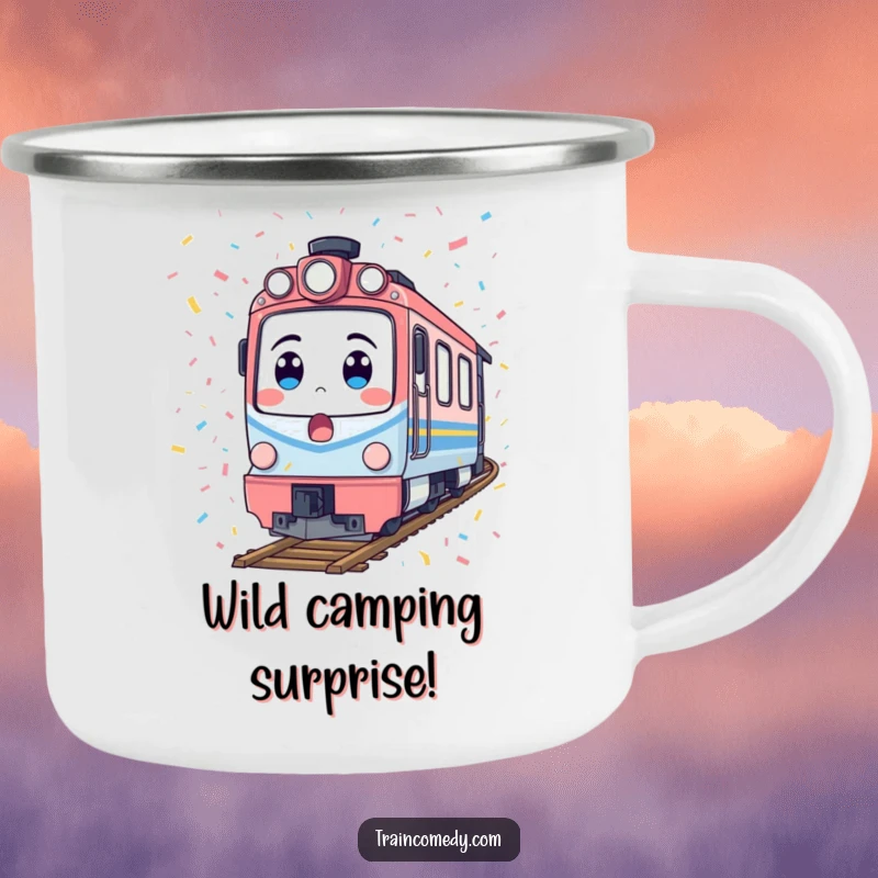Funny train camping mug with a surprised locomotive covered in confetti, a durable and humorous companion for outdoor beverages.