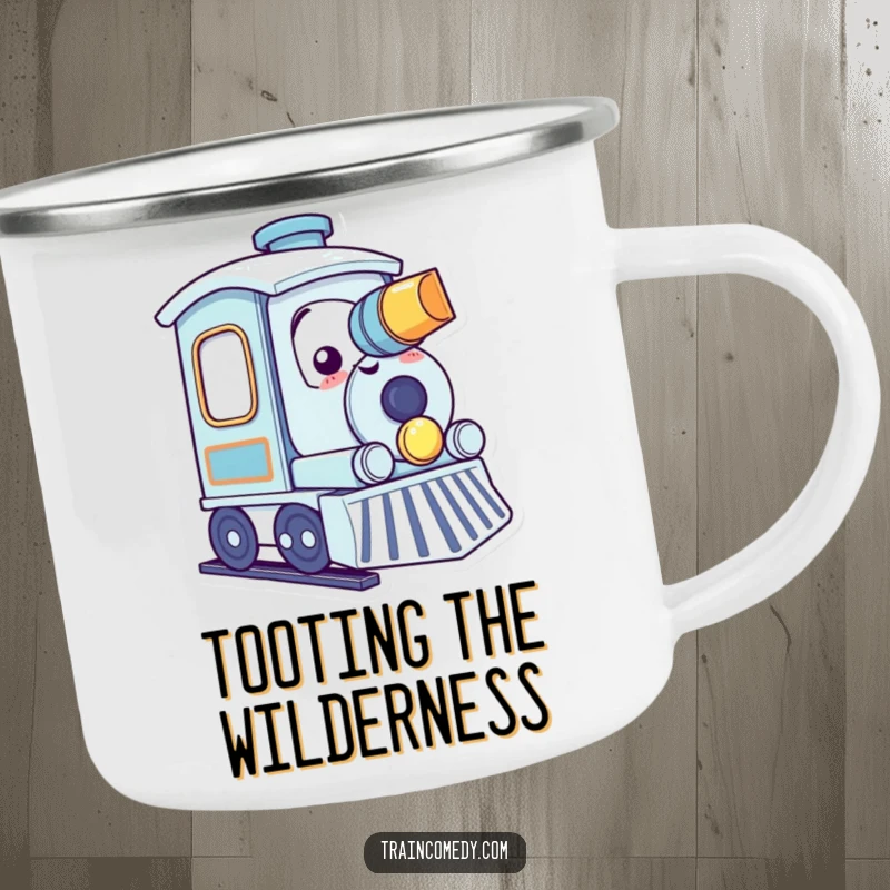 Funny kawaii train character happily tooting its horn with a smile on a durable camping mug.