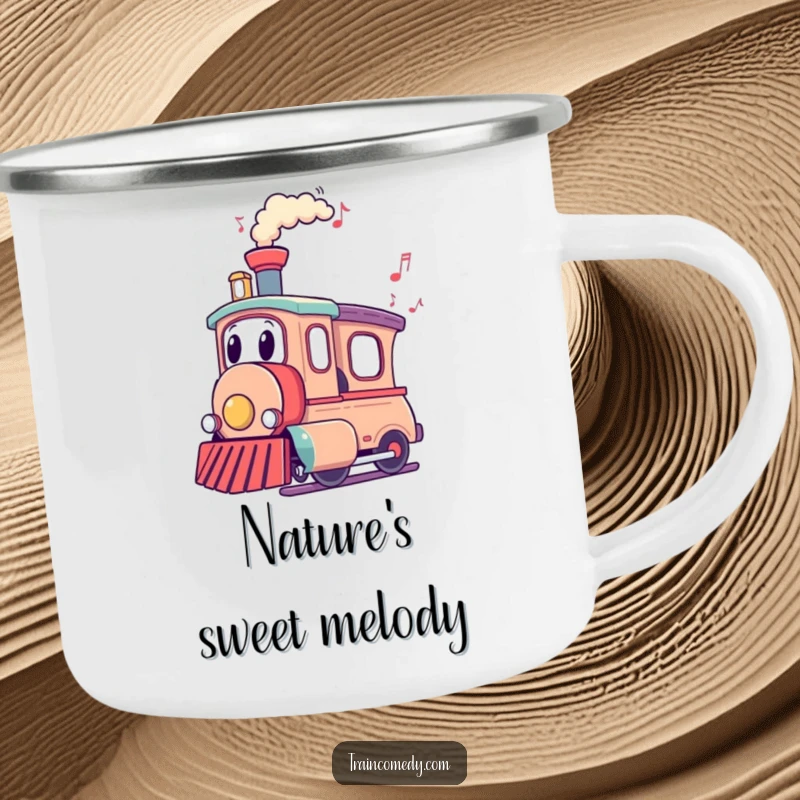 Funny Train Camping Mug: A train character with musical notes offers funny, melodic companionship on outdoor adventures.